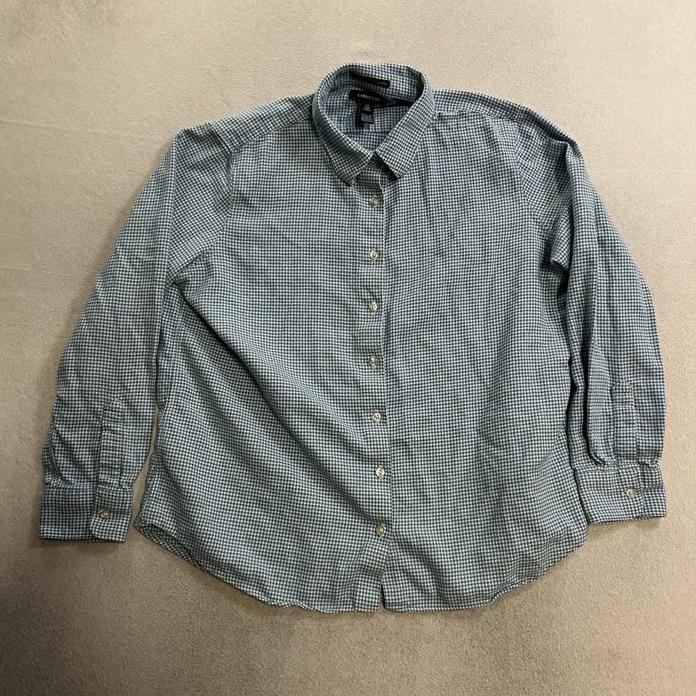 Lands' End Portuguese Flannel Top Women's Size Large Blue Button Up Houndstooth